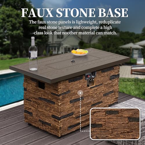 43" Propane Fire Pit Table Outdoor Rectangular Stone with Glass Wind Guard O259531