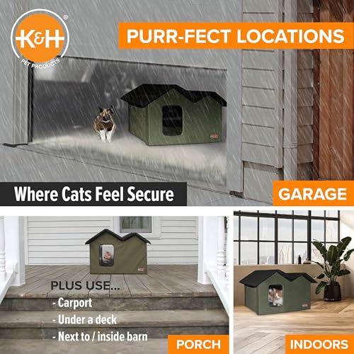 K&H Pet Products Extra-Wide Heated Outdoor Cat House, Weatherproof Insulated Shelter, 2 Doors, Olive G573