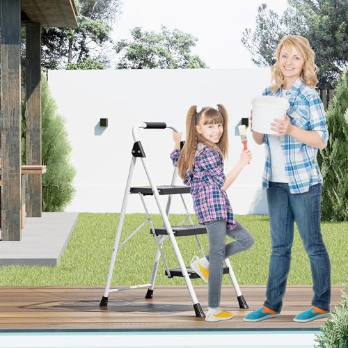 KINGRACK 3 Step Folding Ladder, 800lbs Capacity, Non-Skid Wide Pedals, White W71585