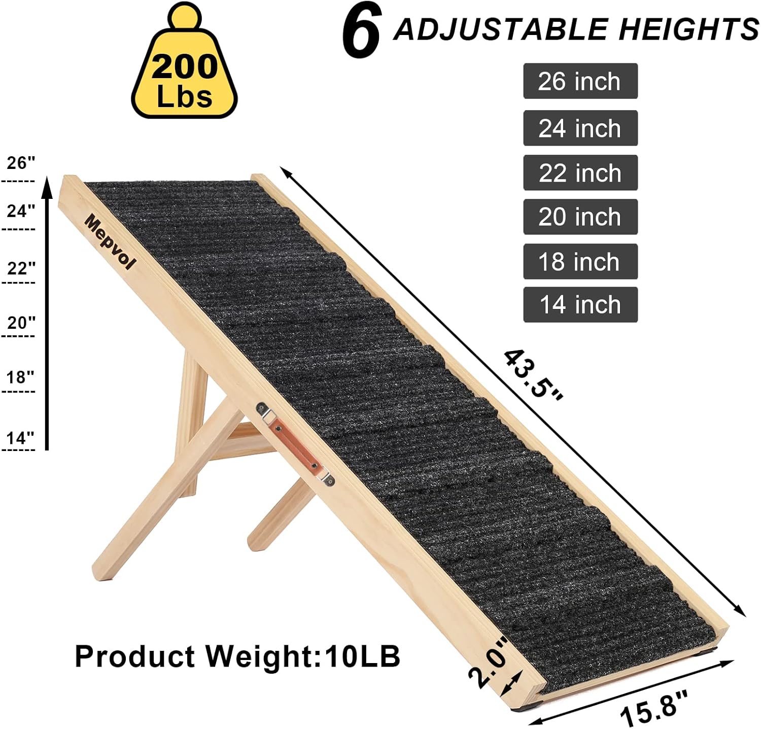 Dog Ramp Wooden Pet Ramp for Small Animals, 43.5" Long with 8 Steps, Folding O3735