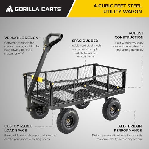 Gorilla Carts Steel Utility Wagon with Removable Side Panels, 4 Cu Ft, 900 lb Capacity, Black Q3248