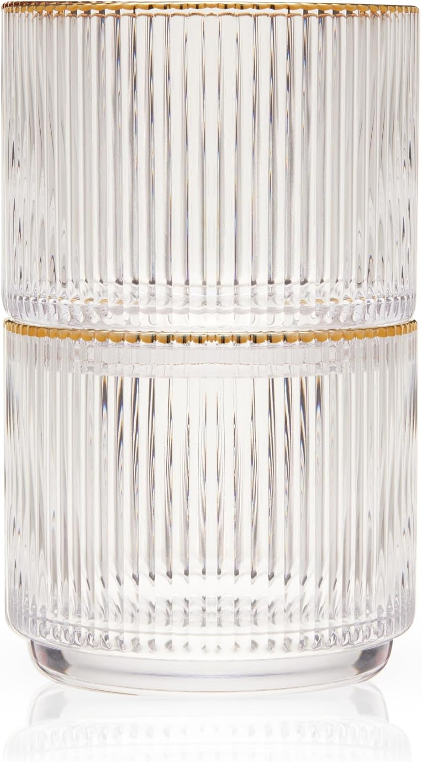 Viski Meridian Crystal Lowball Tumblers, Art Deco Whiskey Glasses, 12oz Set of 2 Q68876