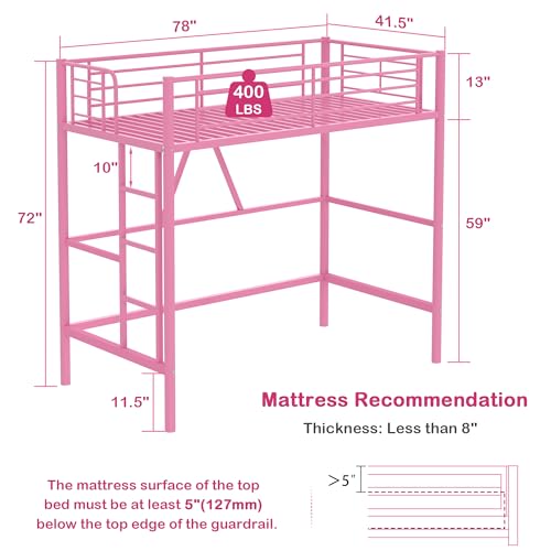 VECELO Loft Bed Twin Size Metal Frame with Ladder and Guardrail, Pink B728246
