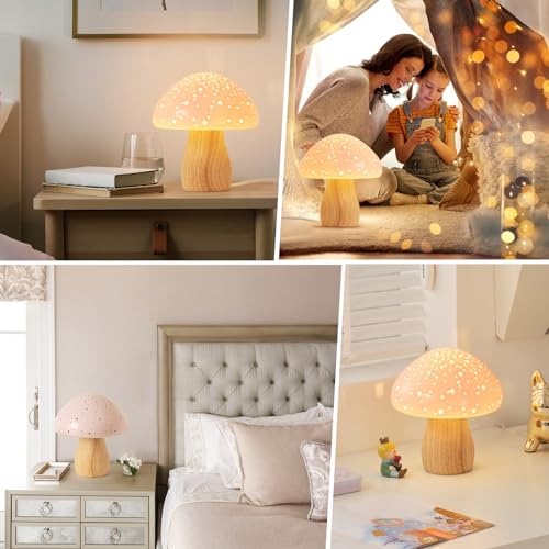 BOHON Mushroom Lamp, Ceramic Bedside Nightstand Light, Pink, LED Bulb Included T88188