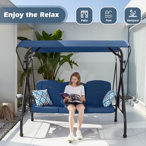 800LBS Patio Swing with Canopy 3 Seat Outdoor Porch Swing with Stand, Cup Holder & Pillow (Green) O887
