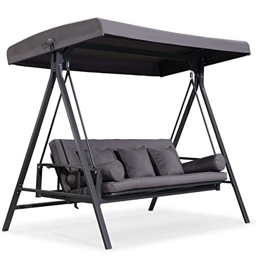 PURPLE LEAF Outdoor Patio Porch Swing with Adjustable Canopy, 3-Seat Bench, Grey W393