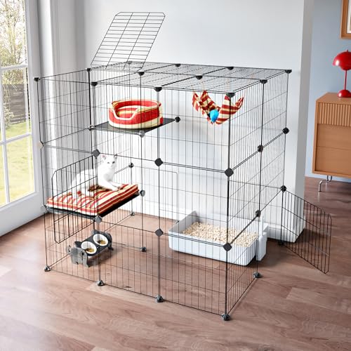 Oneluck 3-Tier Cat Cage Indoor Enclosure DIY Cat Playpen Catio Detachable Metal Wire Kennel D404