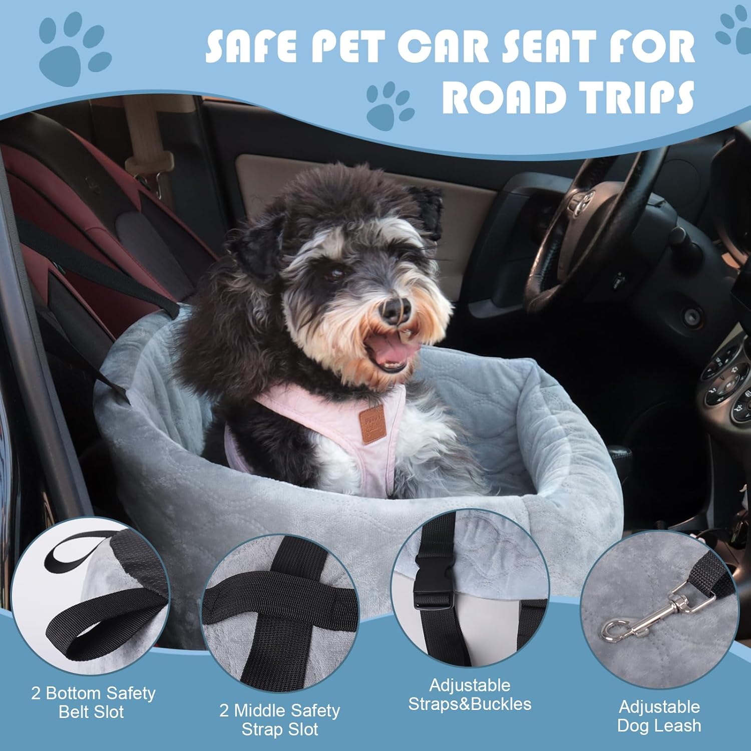 Dog Car Seat for Small Dogs up to 25lbs, Washable Booster Seat with Safety Leash B13567