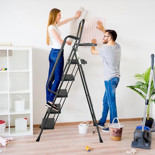 3 Step Ladder, Portable Steel Folding Stool with Anti-Slip Pedal, Black T5115