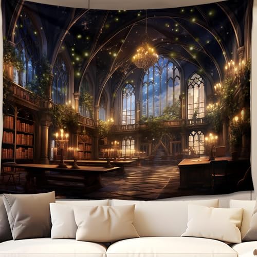 QGHOT Medieval Bookshelf Tapestry Vintage Library Wall Hanging P36533