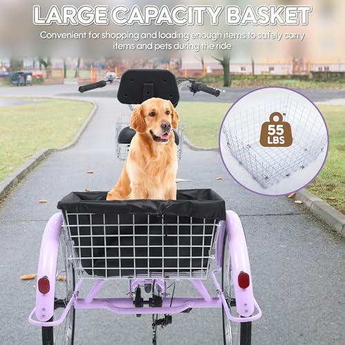 26 Inch 7 Speed Adult Tricycle, 3 Wheel Beach Cruiser Bike with Backrest and Baskets V183109
