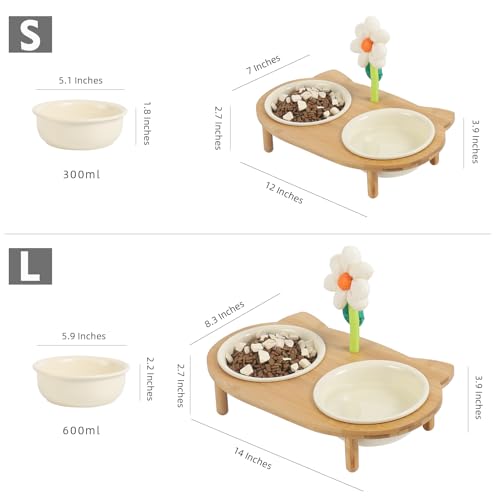 Elevated Cat Ceramic Bowls Stand with Bamboo Base, Anti Vomit, Raised Feeding Dish for Cats and Puppy (L-Beige) L28774