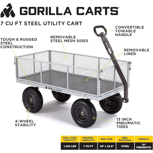 Gorilla Carts Steel Utility Wagon with Removable Side Panels, 1000 lb Capacity, Gray U674568