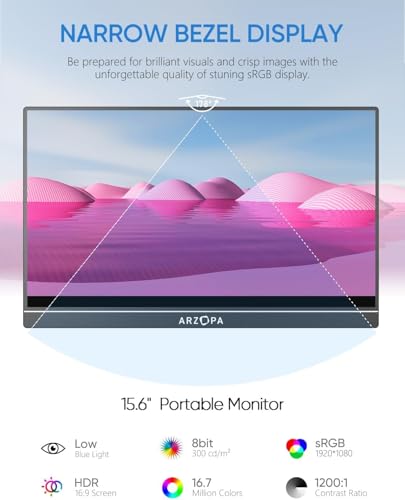 ARZOPA 15.6'' FHD 1080P Portable Monitor with Kickstand, IPS Display, USB-C & HDMI J54429