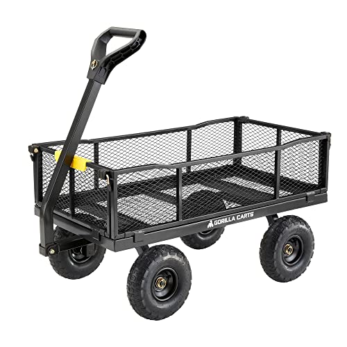 Gorilla Carts Steel Utility Wagon w/Removable Side Panels, 4 Cu Ft, 900 lb Capacity, Black - Outdoor Flatbed Cart with 40" x 21" Metal Mesh Bed and All-Terrain Wheels for Garden, Lawn & Landscaping