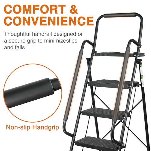 3 Step Ladder, Portable Steel Folding Stool with Anti-Slip Pedal, Black T5115