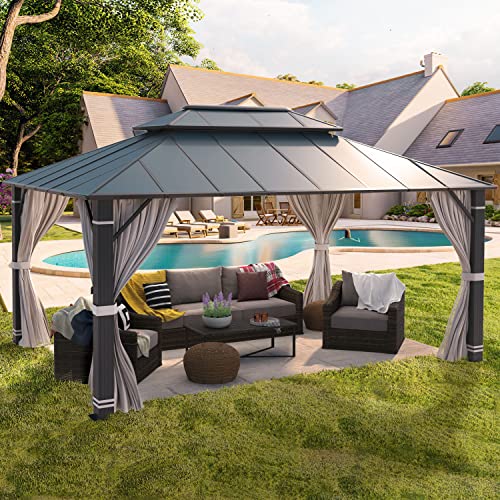 YOLENY 10' x 12' Hardtop Gazebo with Galvanized Steel Double Roof, Netting and Curtains Y84317