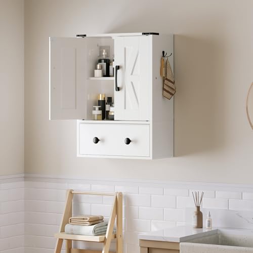 Bathroom Wall Cabinet with Fabric Drawer, Double-Door, White E479