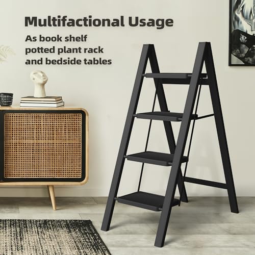 4 Step Ladder, Anti-Slip Wide Pedal, 330lbs Capacity Steel Folding Ladder (Black) S8007