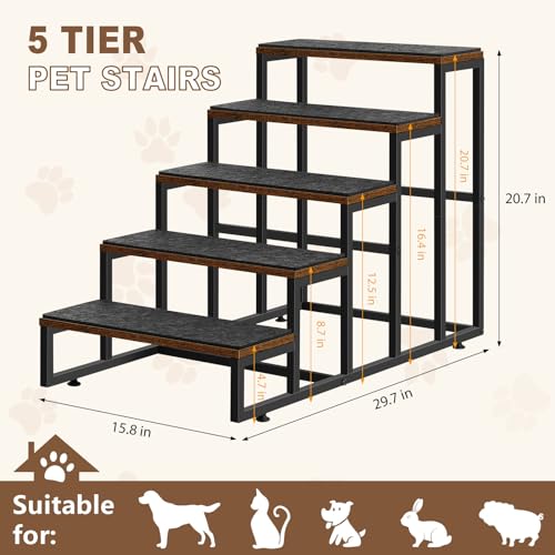 Dog Stairs Grey 5 Tier Pet Steps for High Beds, Small to Large Dogs and Cats D879