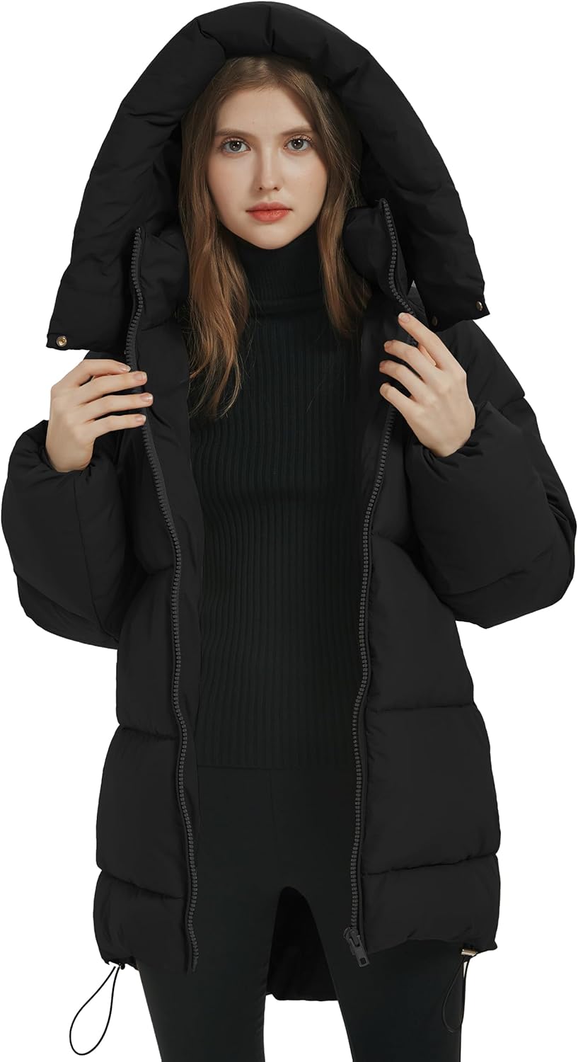 Womens Winter Hooded Quilted Puffer Jacket Mid-Length Thickened Down Padded Warm Coat Outerwear(Black-L)