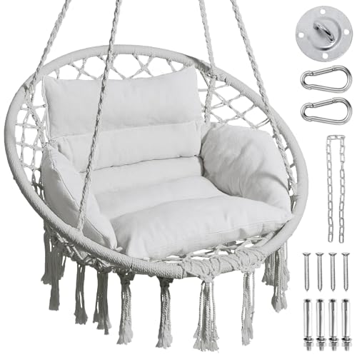 Greenstell Hammock Chair, Macrame Swing Chair with Cushion, Indoor & Outdoor, Beige G7957