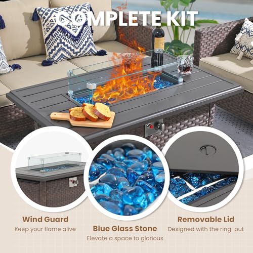 SUNSITT Outdoor Fire Pit Table 43 Inch Wicker Propane with Aluminum Tabletop, Taupe F2263