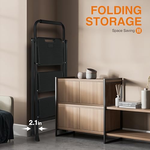 3 Step Ladder, Portable Steel Folding Stool with Anti-Slip Pedal, Black T5115