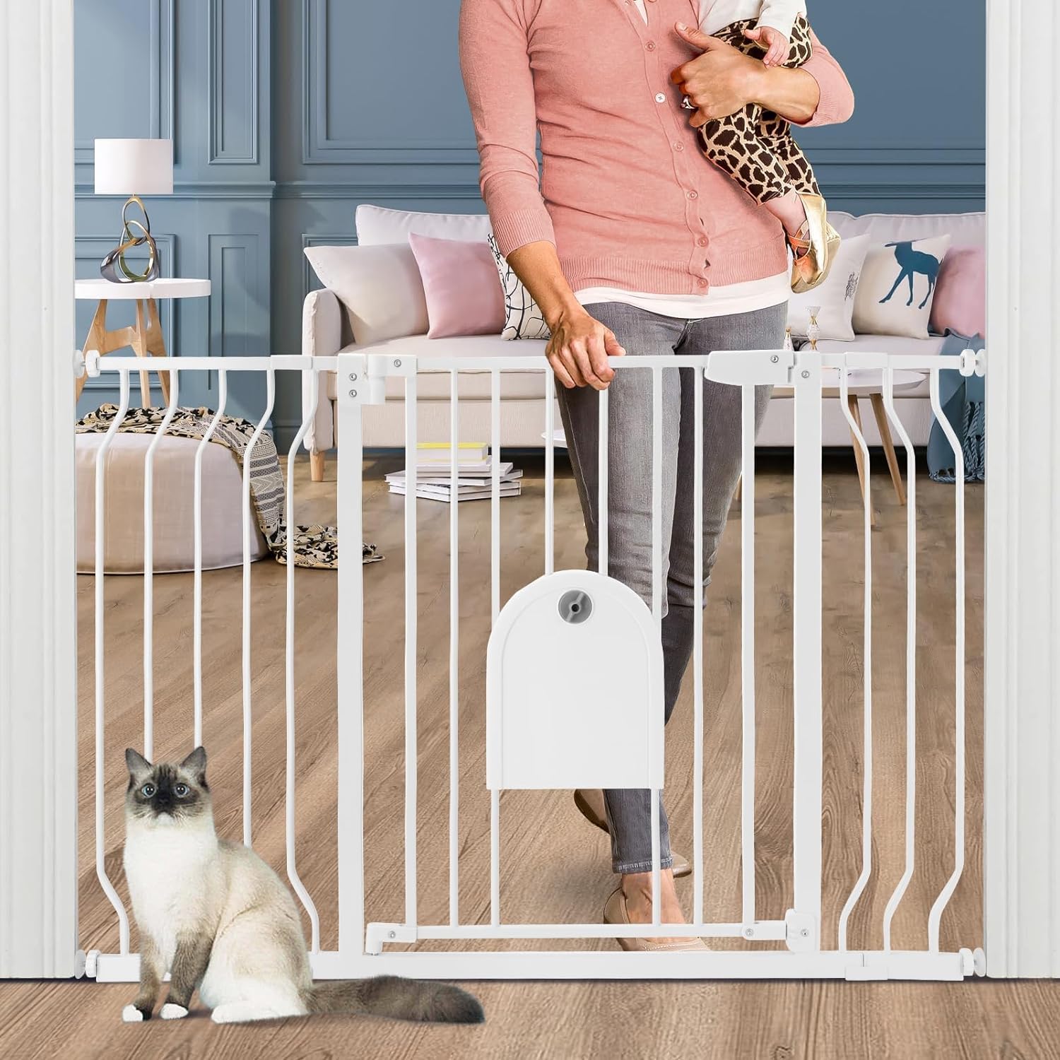 Baby Gates with Cat Door - Auto Close 29.5"-48.4" Safety Metal Dog Pet Gate for Doorway, Stairs, House, Walk Through Child Gate with Pet Door, includes 4 Wall Cups and 2 Extension Pieces