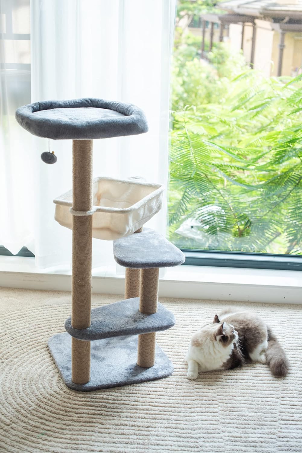 Catry Babylon Cat Tree with Cat Hammock, Scratching Post, 42" Sturdy Cat Furniture, Grey Beige P42273