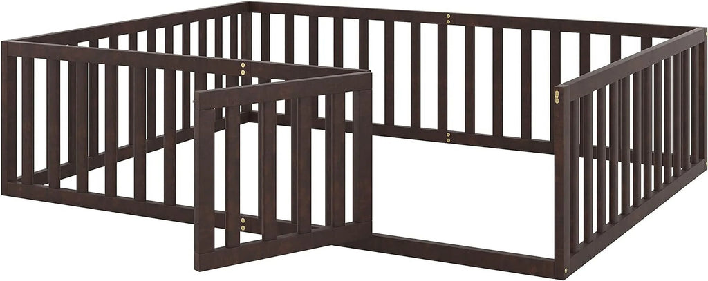 Walnut Queen Montessori Floor Bed with Fence for Kids F162987