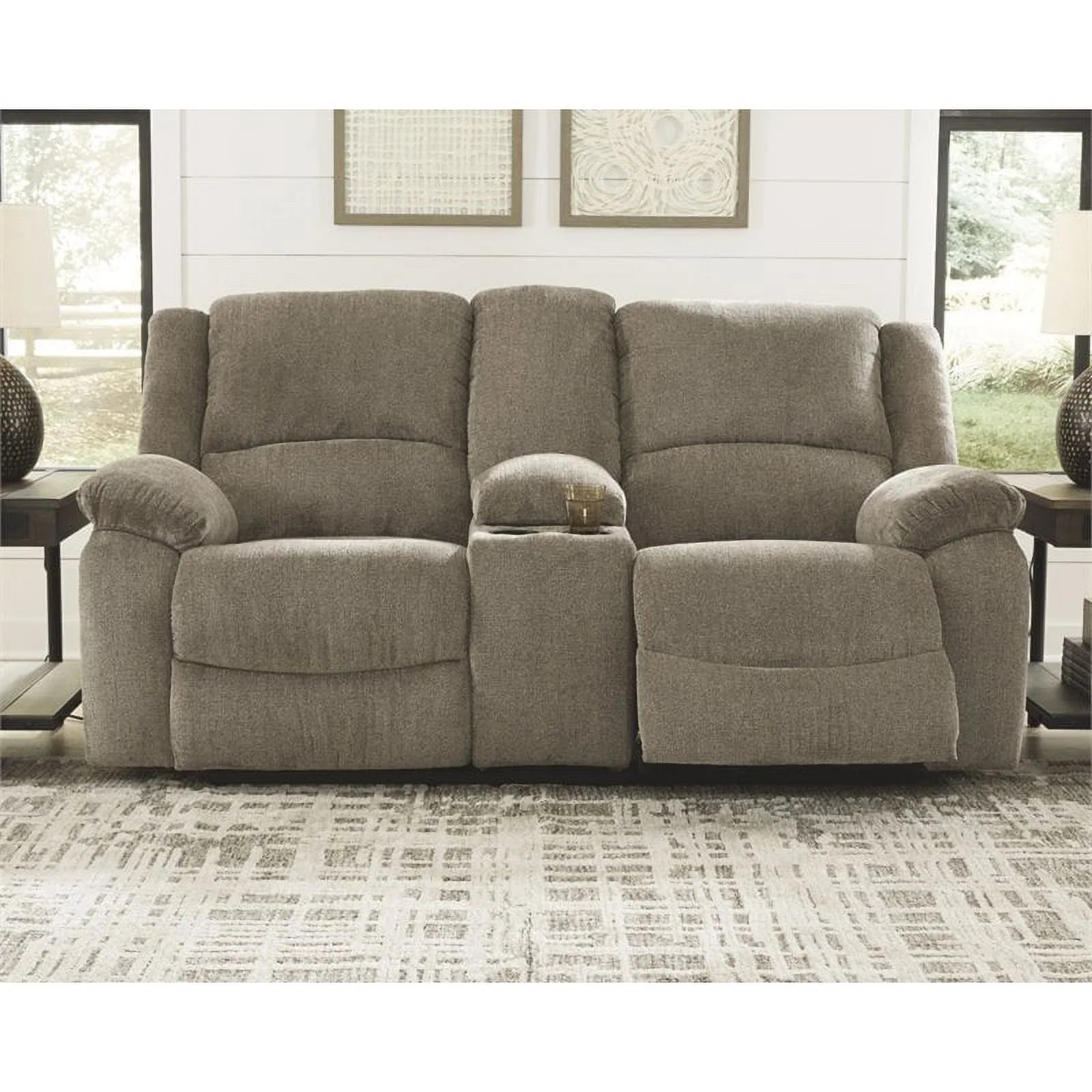 Bowery Hill Contemporary Fabric Reclining Loveseat with Console, Pewter Q6716