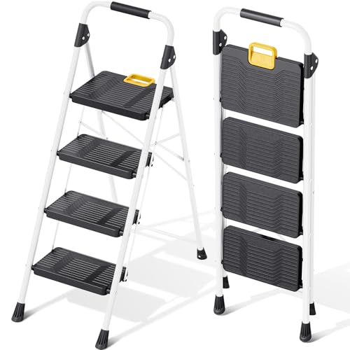 KINGRACK 3 Step Folding Ladder, 800lbs Capacity, Non-Skid Wide Pedals, White W71585