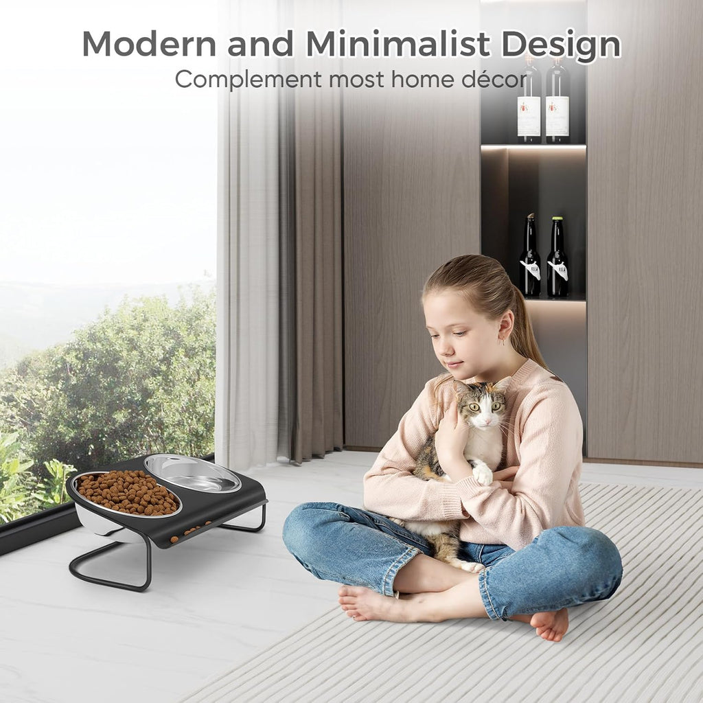 Raised Cat Food and Water Bowl Set with Stainless Steel Stand, 15° Tilted, Double Metal Bowls B6901