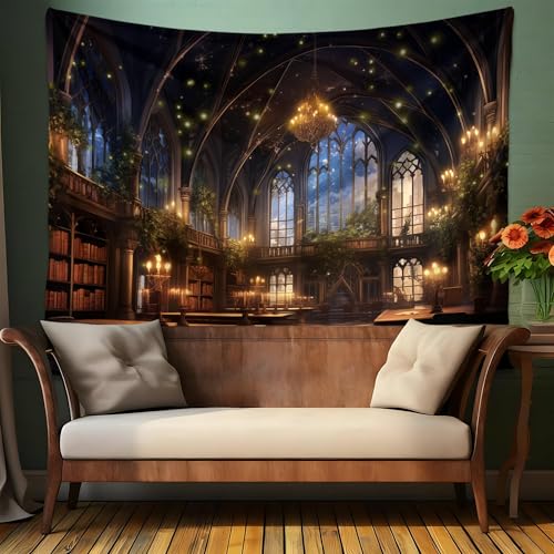 QGHOT Medieval Bookshelf Tapestry Vintage Library Wall Hanging P36533