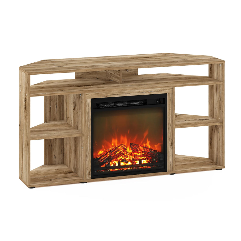 Furinno Jensen Corner TV Stand with Fireplace for TV up to 55 Inches, Flagstaff Oak