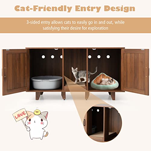 Tangkula Double Cat Litter Box Enclosure Cabinet with Scratching Board, Grey Oak A19110