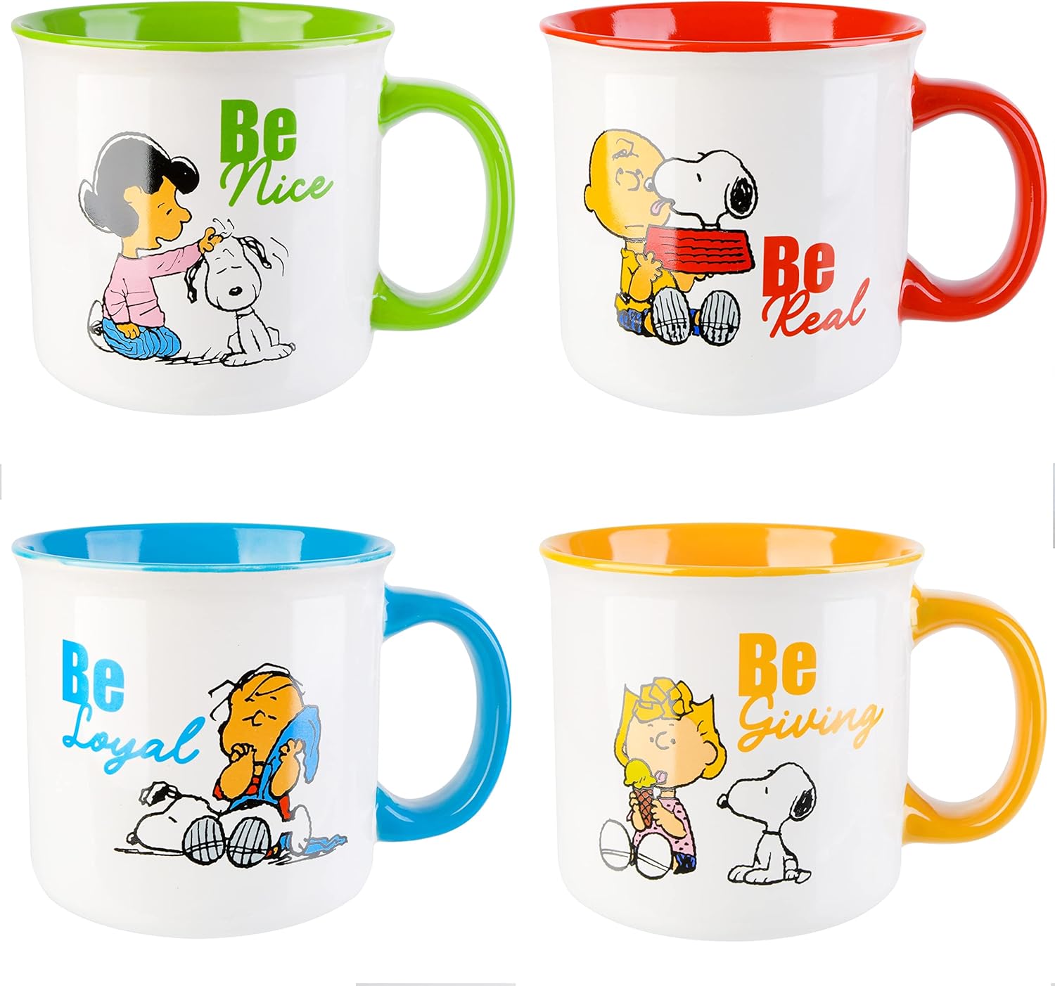 Peanuts Snoopy Gentle Reminders Camper 21oz Mugs, Stoneware, 4-Pack, Assorted Colors