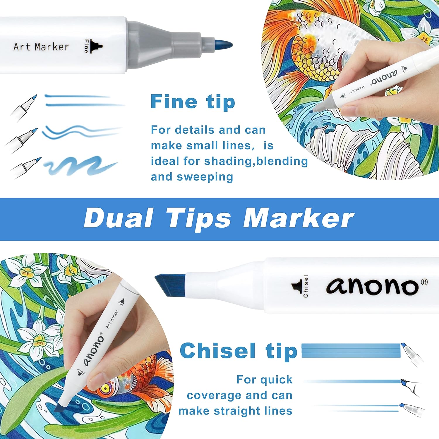 anono 48 Colors Alcohol Markers Set, Dual Tip Permanent Drawing Markers J247217