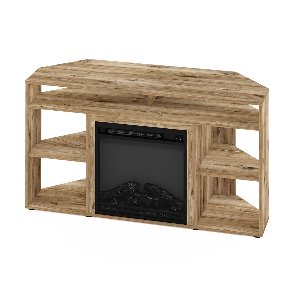 Furinno Jensen Corner TV Stand with Fireplace for TVs up to 55", Flagstaff Oak T250