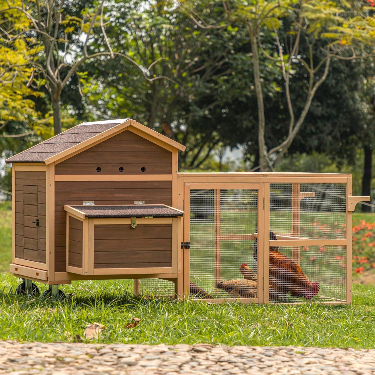 PETSFIT Large Chicken Coop Tractor 81" Hen House for 4-8 Chickens with Nesting Box and Wheels R30358