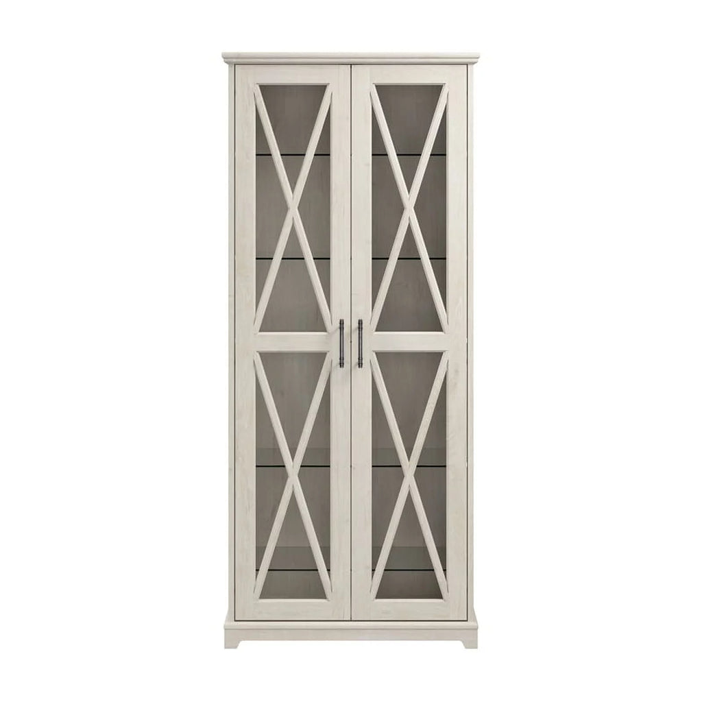 Bowery Hill Engineered Wood Curio Cabinet with Glass Doors in Linen White Oak N911429