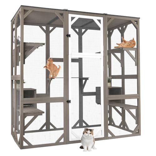 71" Catio Outdoor Cat Enclosure, Large Wooden Outdoor Cat House Kitty Catio Enclosure for Indoor Cats, Outdoor Catios Weatherproof Attached to Window Catio for Cats, 7Platforms-71 H