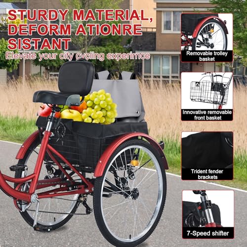 Upgraded Adult Tricycle, 7 Speed, 26 Inch with Front & Rear Baskets X482206