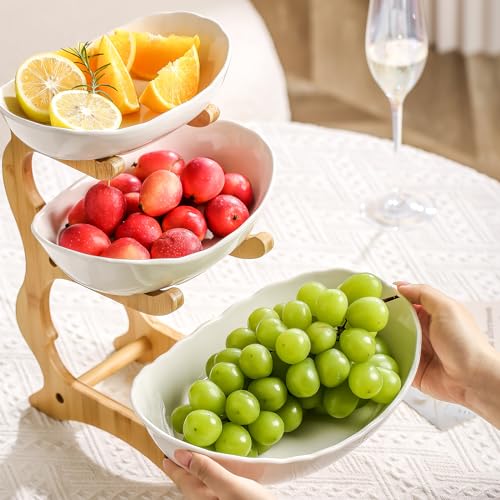 3 Tier Ceramic Fruit Bowl Stand for Kitchen Countertop, White C66791