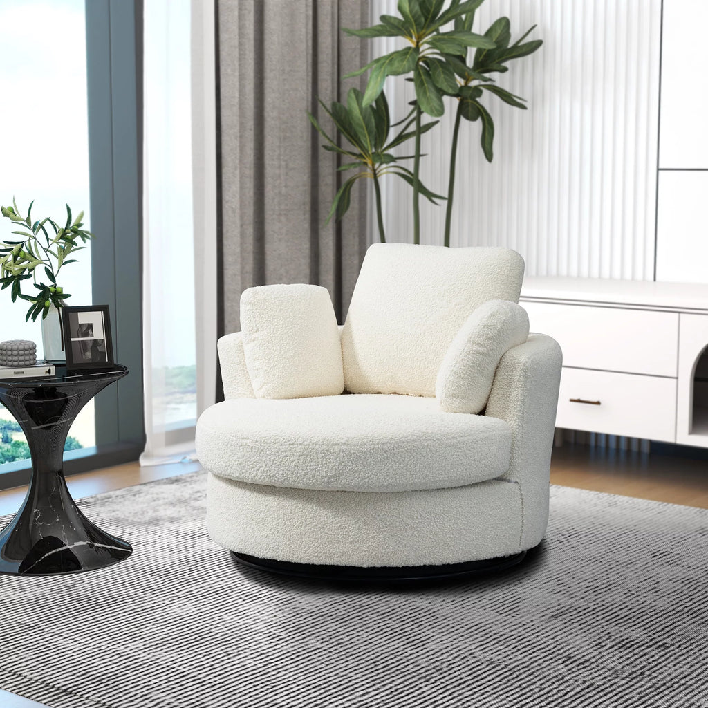 42.2"W Swivel Accent Barrel Chair And Half Swivel Sofa With 3 Pillows 360 Degree Swivel Round Sofa Modern Oversized Arm Chair Cozy Club Chair For Bedroom Living Room Lounge Hotel, Ivory Boucle
