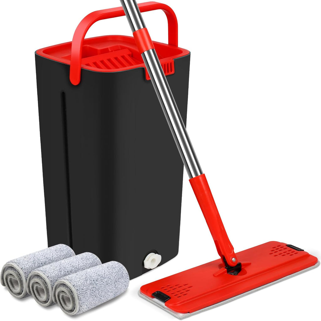Mop and Bucket with Wringer Set, Hands Free Floor Flat Mop with Stainless-Steel Handle, 3 Washable & Reusable Microfiber Pads, for Floors, Walls and Windows Cleaning, Separates Dirty and Clean Water