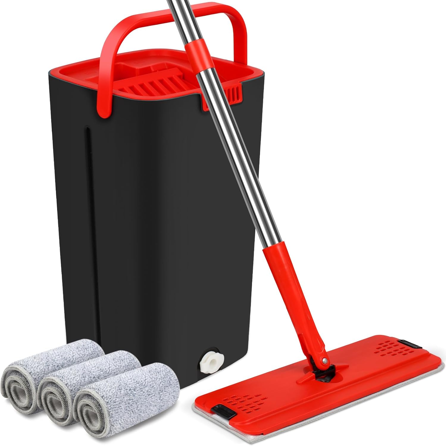 Mop and Bucket with Wringer Set, Hands Free Floor Flat Mop with Stainless-Steel Handle, 3 Washable & Reusable Microfiber Pads, for Floors, Walls and Windows Cleaning, Separates Dirty and Clean Water
