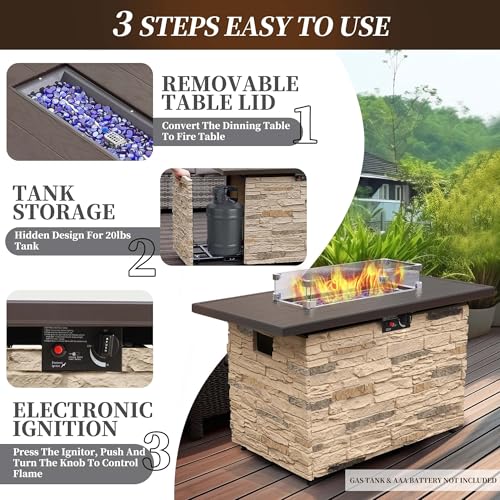 43" Propane Fire Pit Table Outdoor Rectangular Stone with Glass Wind Guard O259531