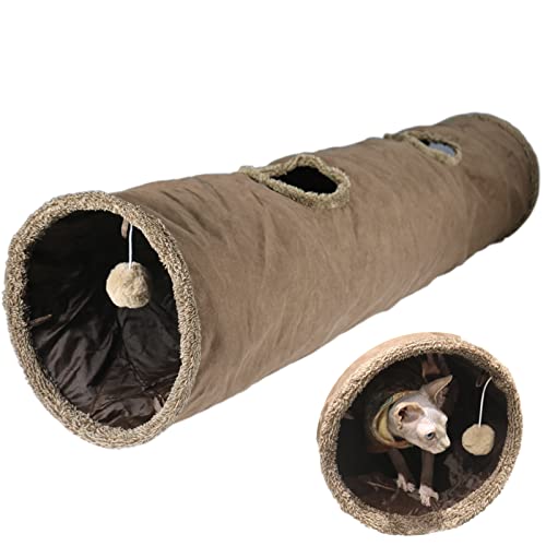 Cat Tunnel for Indoor Cats, 51×12 inch Foldable Big Cat Tunnel, Grey Suede Pet Tunnels with Two Peepholes and a Bubble Ball